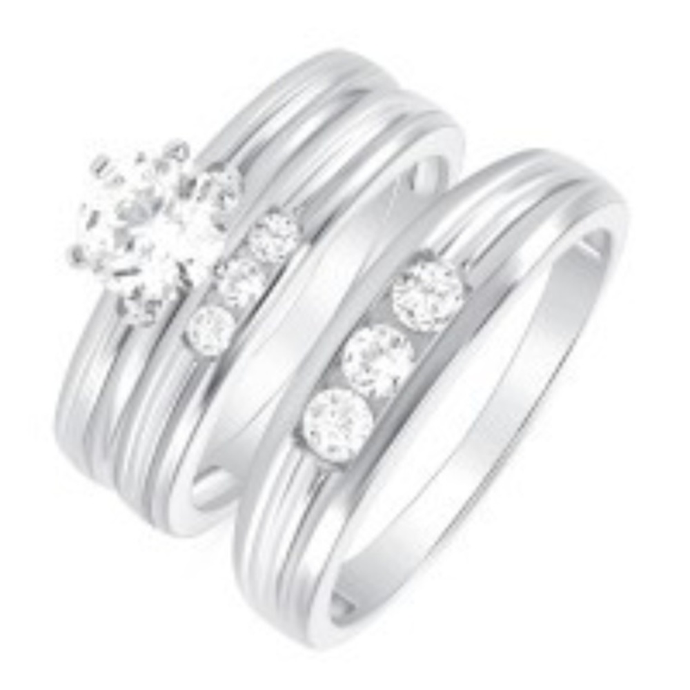 Sterling Silver Engagement Ring Wedding Bands 3pc